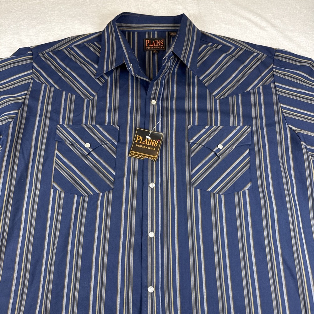 NWT Plains Western Wear Pearl Snap Cowboy Long Sleeve Striped Navy Shirt Mens XL